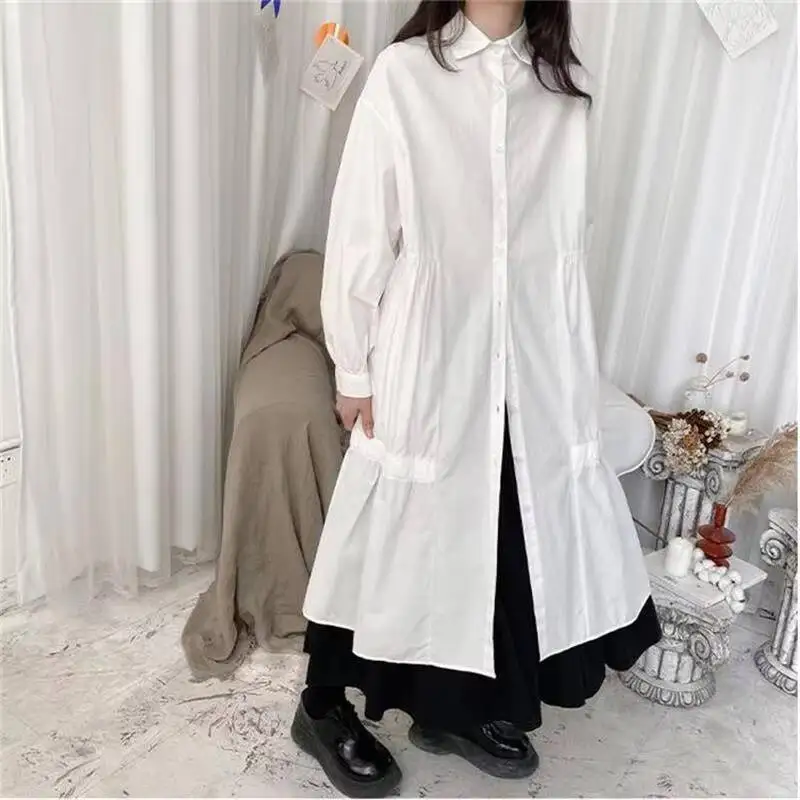 

Ladies Long Sleeve Shirt Dress Spring And Summer New Personality Drape Waist Design Leisure Loose Large Size Skirt