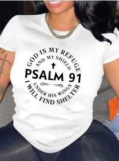 „God Is My Refuge and My Shield“-Druck, lässig, kurzärmelig, Polyester, inspirierendes Psalm-Grafik-T-Shirt für Damen