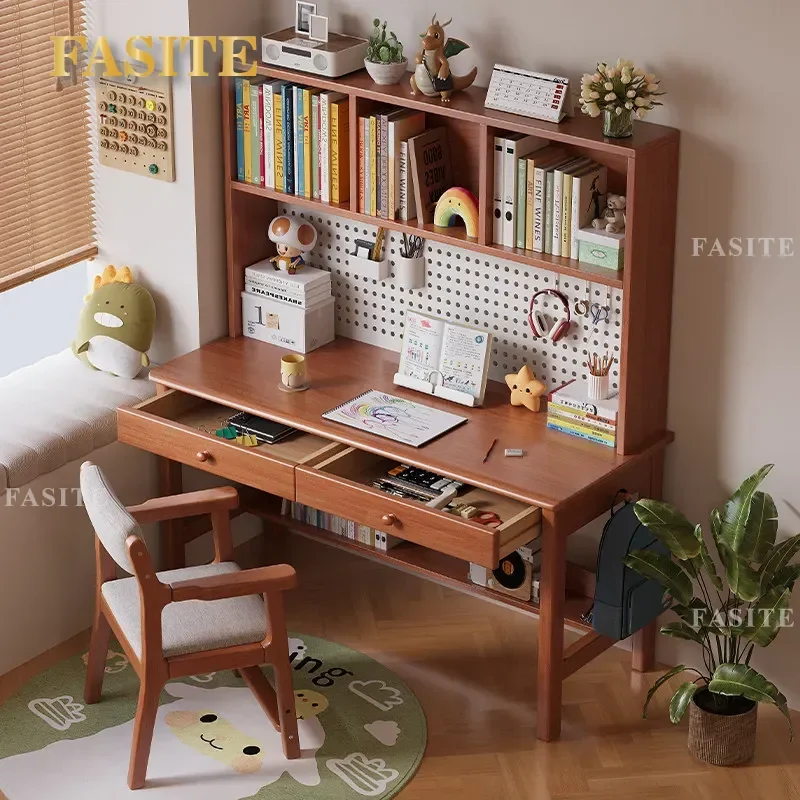 Solid Wood Desk with Integrated Bookshelf for Home Office Student Study Computer Writing Table DIY Furniture Space Saving