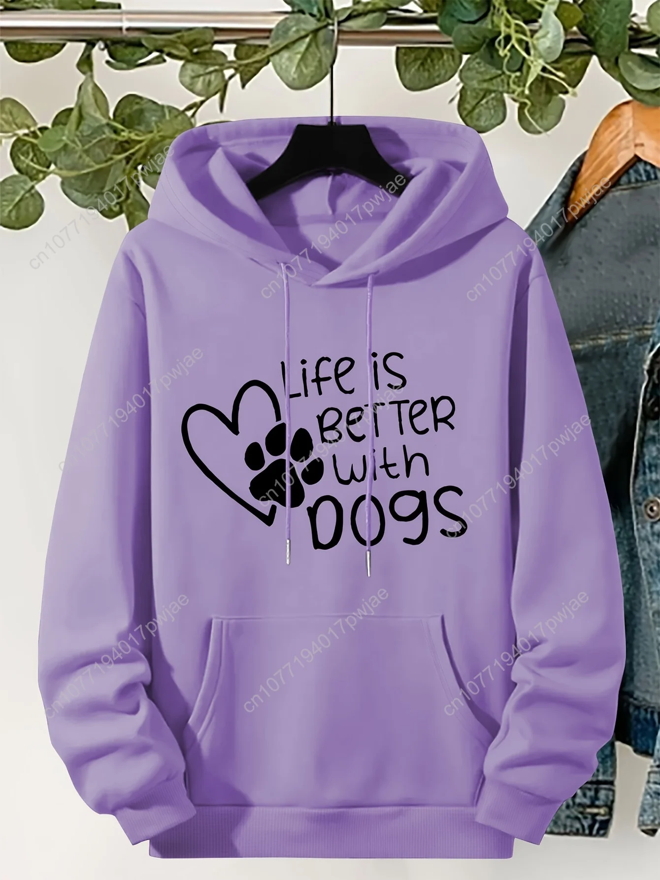 เสื้อฮู้ดลายพิมพ์อุ้งเท้าสัตว์เลี้ยงขนาดพลัสไซส์ ลายลำลอง “ชีวิตดีขึ้นเมื่อมีสุนัข” เสื้อสเวตเชิ้ตมีฮู้ดแบบมีเชือกผูก แขนยาว มีกระเป๋าจิงโจ้ รุ่น F