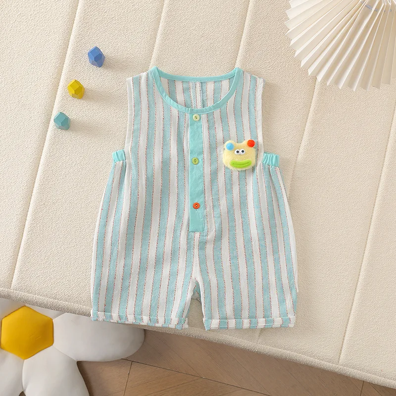 

Summer Baby Sleeveless Romper with Vertical Stripes & Colorful Buttons - Unisex Short Crawler for 0-4 Years Old Boys and Girls