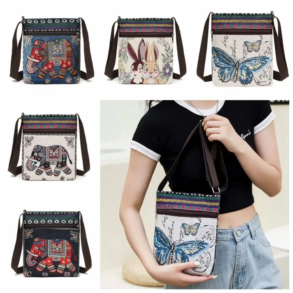 Rabbit Ethnic Style Crossbody Bag Butterfly Large Capacity Animal Shoulder Bag Handbag Embroidery Cute Elephant Cloth Bag