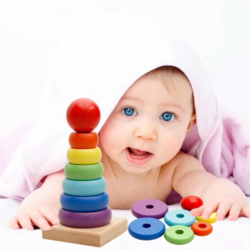 Regenboog Stapelaar Houten Ring Educatief Speelgoed Kids Toren Stapel Blokken Kleur Vorm Spel Baby Montessori Speelgoed Voor Kinderen Geschenken