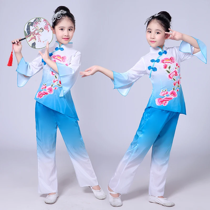 Girls children\'s classical dance high quality embroidery elegant costumes fan dance costume Jiangnan umbrella hanfu Dance wear