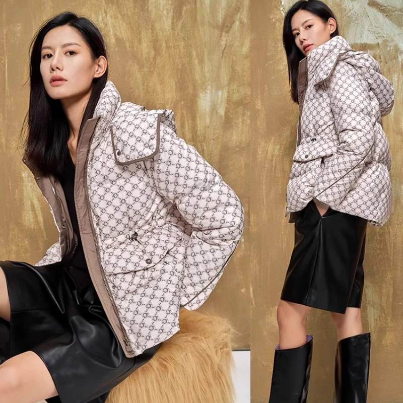 Chericom Women's Hooded Down Coat Stand Collar Print Design Dual Zipper Placket Ribbed Windproof Cuffs Slanted Pockets Y299155Y