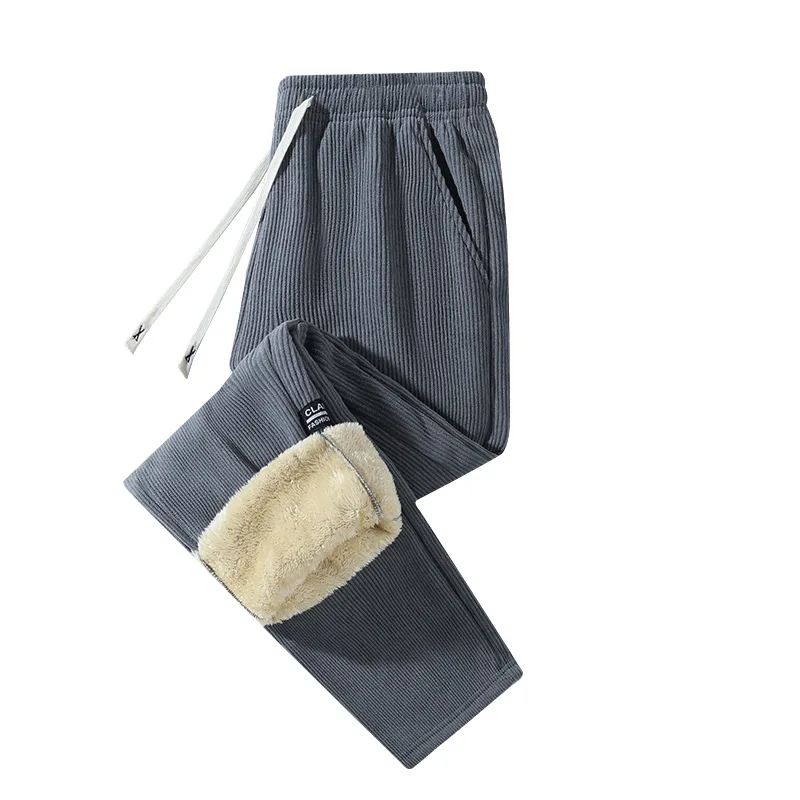 Men Warm Corduroy Pants Lining Fleece Casual Thicken Side Pockets Long Pants Elastic Waist Soft Sport Thermal Straight Trousers