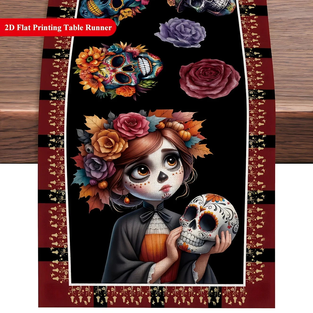 1pc Halloween Skeleton Table Runner Durable Polyester Rectangular For Halloween And Home Decor, Featuring Vibrant Candy Skulls,