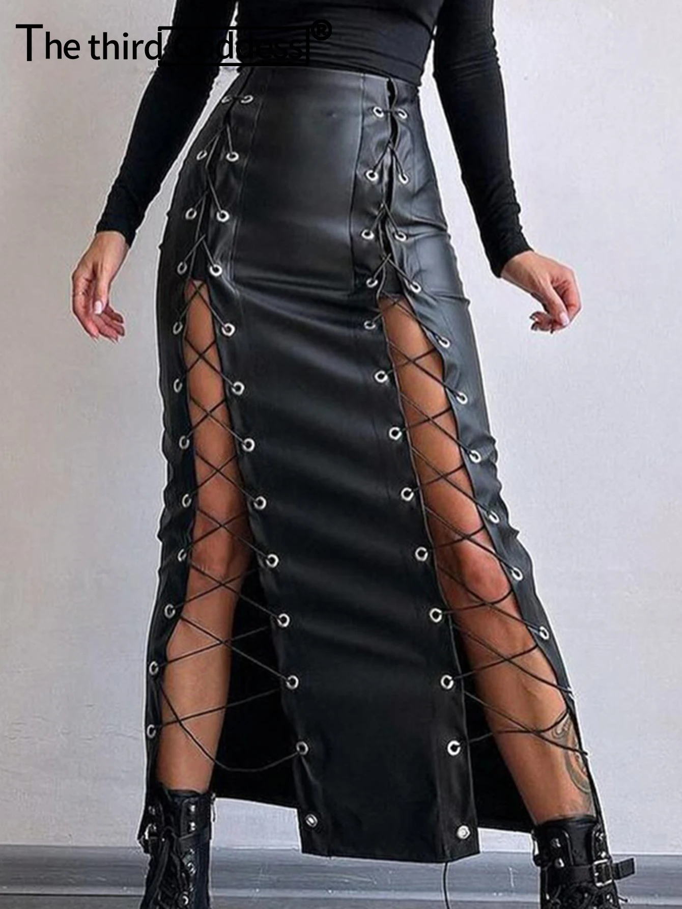 Sexy black lace up leather long skirt women clothing fashion streetwear maxi club party skirts gothic PU high waist pencil skirt