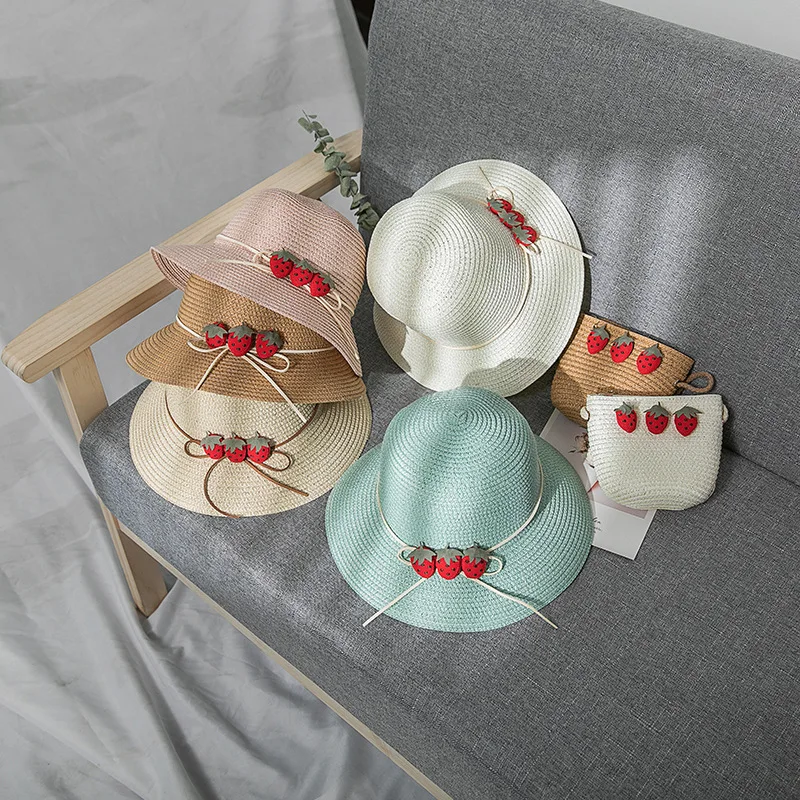

2pcs Suit Cute Children Straw Hat and Shoulder Bag Girls Summer Outdoor Beach Cap Cute Beach Sun Hat Cross Body Bag Bucket Cap