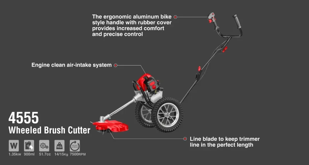 Ronix 4555 Model Grass Cutter 52cc Garden 2 Stroke Gasoline Power 1350W String Grass Trimmer Brush Cutter with Two Wheels