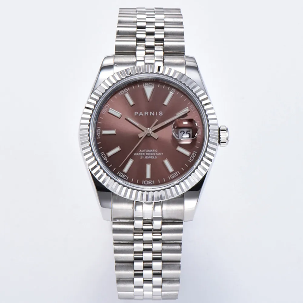Parnis 39,5 mm elegante bruine wijzerplaat automatisch herenpolshorloge roestvrijstalen band