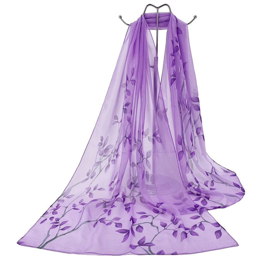 Leaf Print Silk-like Chiffon Scarf Shawl Lightweight Sheer Sarong, Versatile for Tablecloth Curtain Travel Beach Cover Up