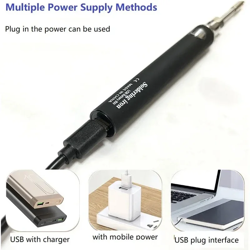 Akku-Lötkolben-Werkzeugstift, tragbar, USB, 5 V, 8 W, elektrisch betrieben, 3 Spitzen-Set, wiederaufladbar und Temperatureinstellung