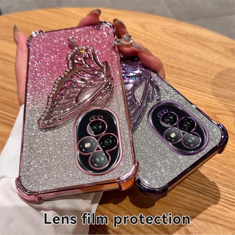 

Glitter Plating Quicksand Butterfly Phone Holder Case for Huawei Honor 400 300 Ultra 200 100 90 Lite 80 70 60 Pro Cover