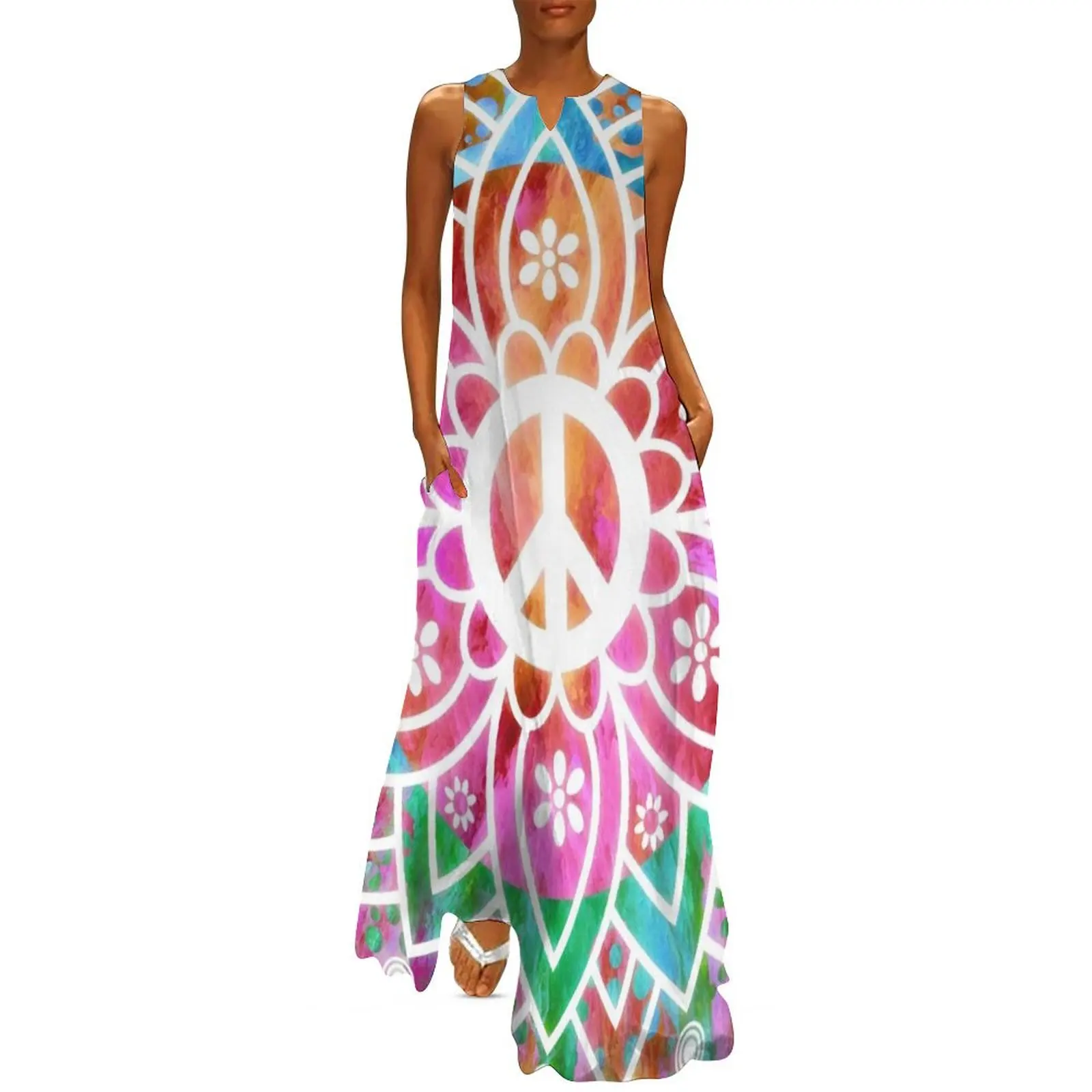 

Peace & Love / Hippie Festival Peace Sign Flower Long Dress Woman clothes dress dresses luxury dresses clothes for women