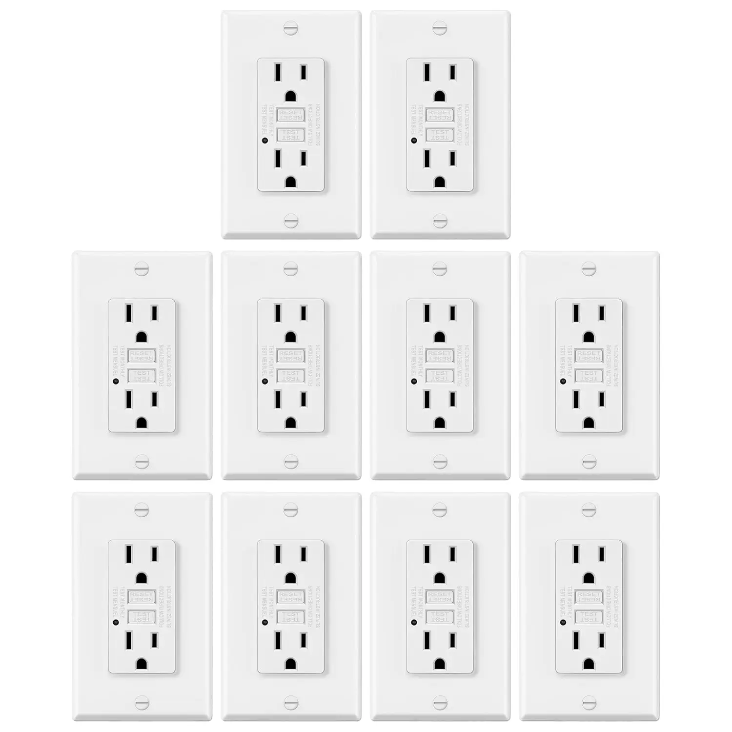 10-pack GFCI socket 15 amp, tamper-proof, decorated GFI socket, LED indicator, ground fault circuit interrupt