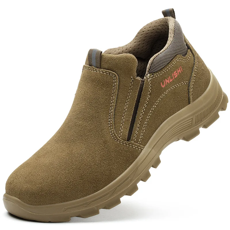 men fashion steel toe covers work shoes slip-on cow suede leather safety boots worker tooling security welding footwear protect