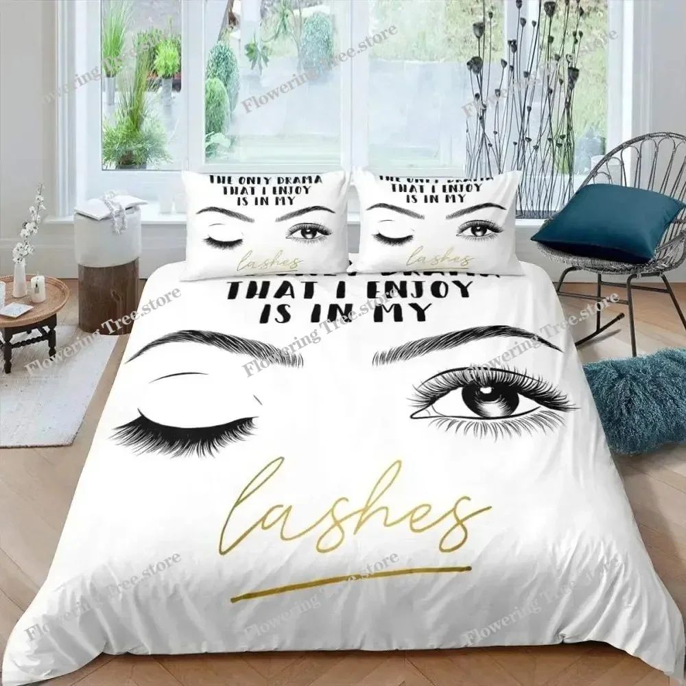 Eyelash Duvet Cover King Queen Cartoon Romantic Woman Closed Eyes Long Lashes Bedding Set English Words Polyester Quilt Cover