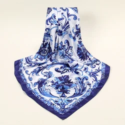 New Satin Silk Square Scarf Hijab Blue And White Porcelain Printed Bandana Kerchief Women Muslim Hijab Headscarf 2024 Headband