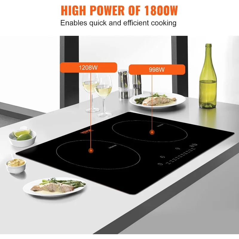 Встроенная индукционная электрическая плита VEVOR, 24 дюйма, 2 горизонтальные горелки, электрическая варочная панель, 9 уровней мощности и сенсорное управление