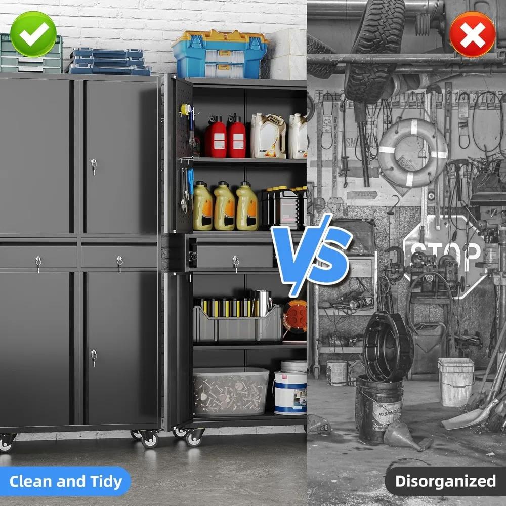 Estantes ajustables Gabinete de almacenamiento de garaje de metal con puertas cerraduras y gabinete de almacenamiento de herramientas rodante en 4 ruedas con 2 cajones