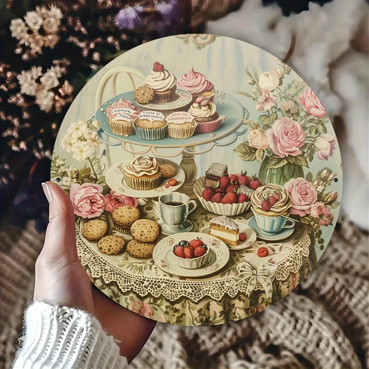 Vintage Dessert Cupcake Floral Round Wall Plaque 1pc 20cm 2D Flat Metal Tin Sign Retro Pastry Flower Art Print For Kitchen Cafe