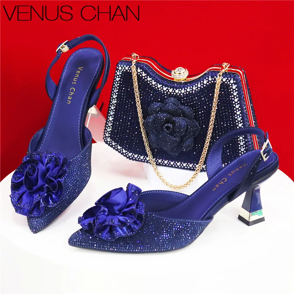 Tibetan Blue Pointed High Heeled Women's Shoes And Bags With Rhinestones For The Evening Party Elegant And Luxurious Handbags