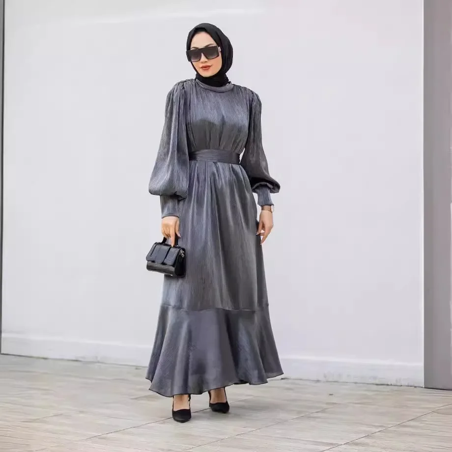 Solid with Ruffles Robe Muslim Fashion Clothes Women Abaya Dubai Arab Puff Sleeves Lace-up Dress Turkey Caftan Marocain Abayas