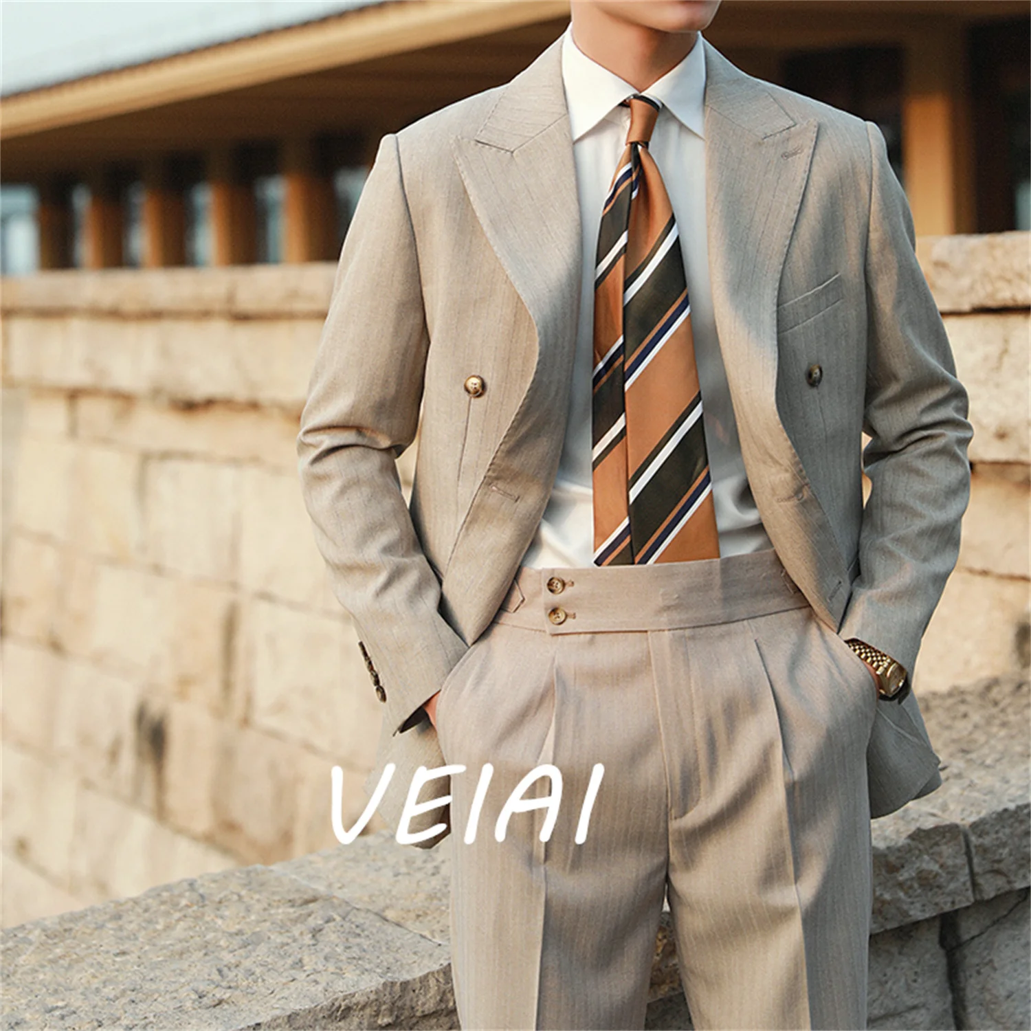 

CustomizedSuit Men 2023 Khaki Light Grey Double Breasted 2 Pcs( Blazer+pants) Leisure Wedding Groomsmen Business Slim Fit Trajes