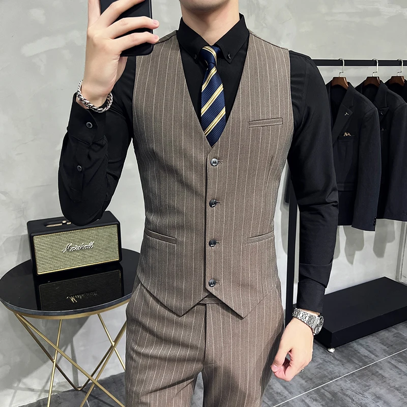 Slim Fit Double-breasted Striped Suit Vest Trousers 3-Piece Set Korean Fashion M-7XL Men\'s Fashionable Striped Three-piece Suit
