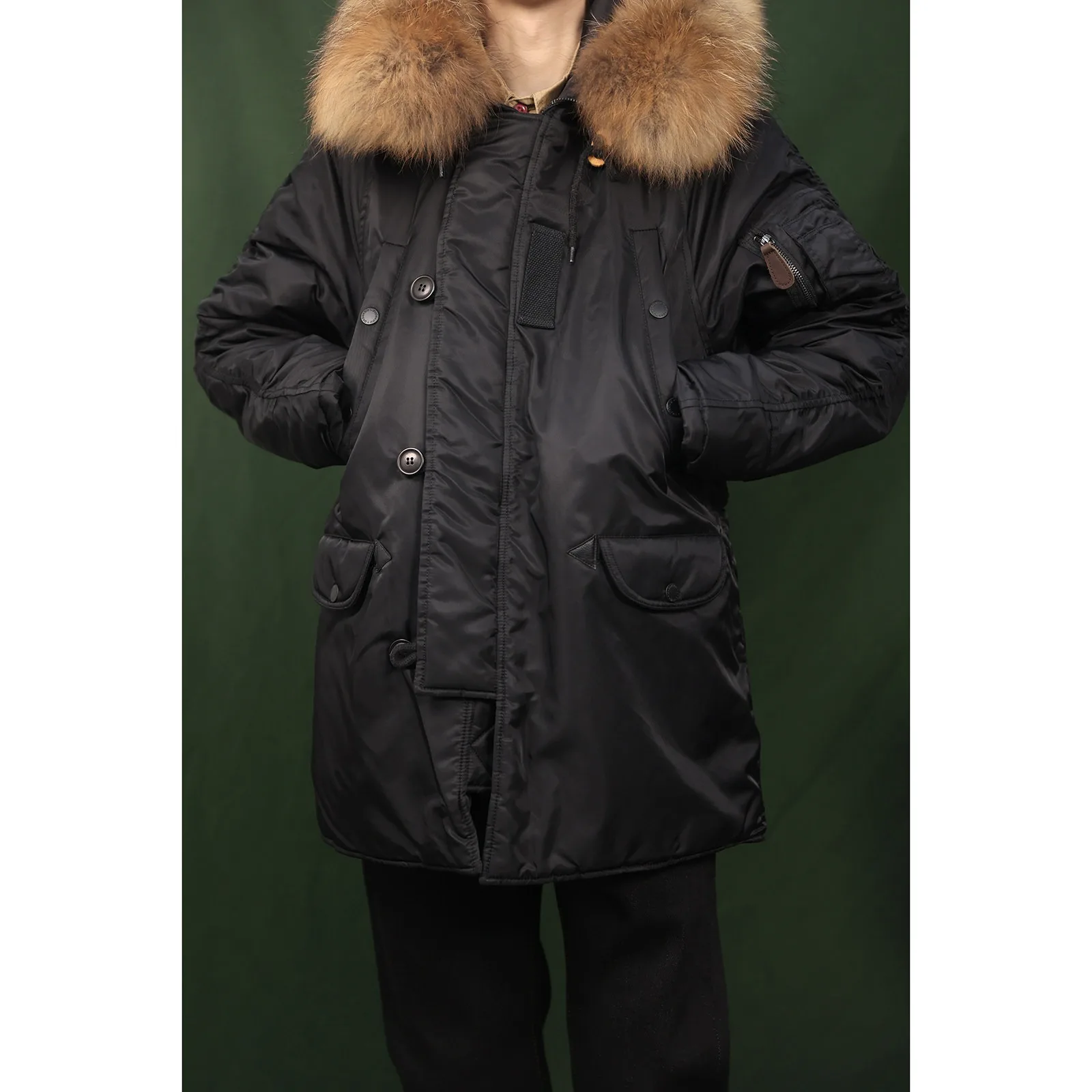 N3B Parka Mid Long Hooded Katoenen Parka Vliegjas Warme Winterjas Afneembare Wasbeerbontkraag - afbeelding 2