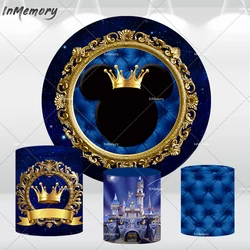 Gold Crown Royal Prince Round Backdrop Cover Mickey Mouse Circle Photography Background for Boy 1st Birthday Party Decorations