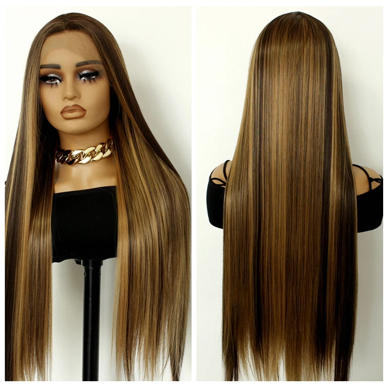 

Highlight Straight 13x4 Lace Frontal Wigs Synthetic 150% Density Ombre Honey Blonde Colored Straight Lace Front wig For Women