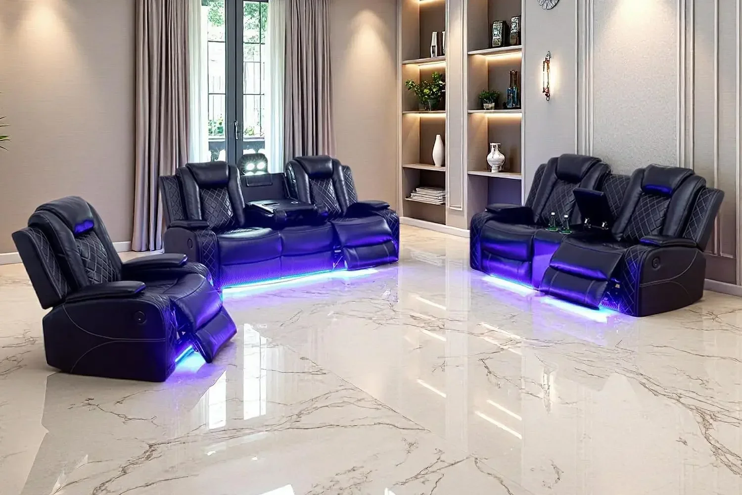 

Hot salesPower Recliner Sofa Set, Black Leather 3 Pieces Sectional Couch, Living Room Furniture Sets with LED Light, Modern Powe