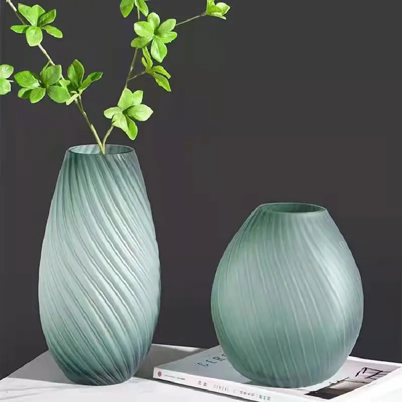 Glass Vase Green Stripe Frosted Bottle Flower Floral Arrangement Accessories Terrarium Home Decoration