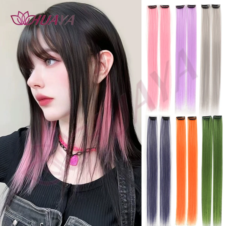 Synthetic 2 Pieces 20inch Colored Clip in Hair Extensions, Long Straight Pink/Blue/Purple Halloween/Christmas Wig