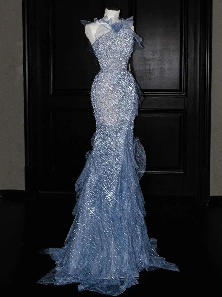 iny الترتر ثوب مسائي المرأة 2025 صباح جديد رداء الراقية مأدبة المضيف Fi الذيل الأزرق الشرب الدكتور العروس #1