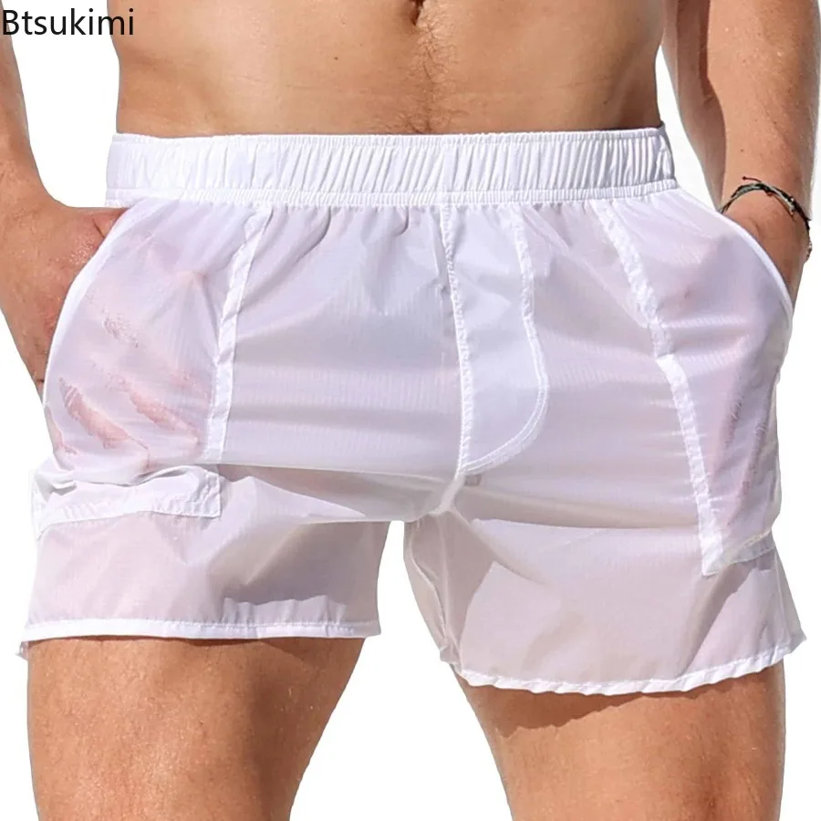 

New Men's Transparent Bodybuilding Shorts Summer Sexy Gyms Workout Breathable Quick Dry Sportswear Male Jogger Beach Short Pants