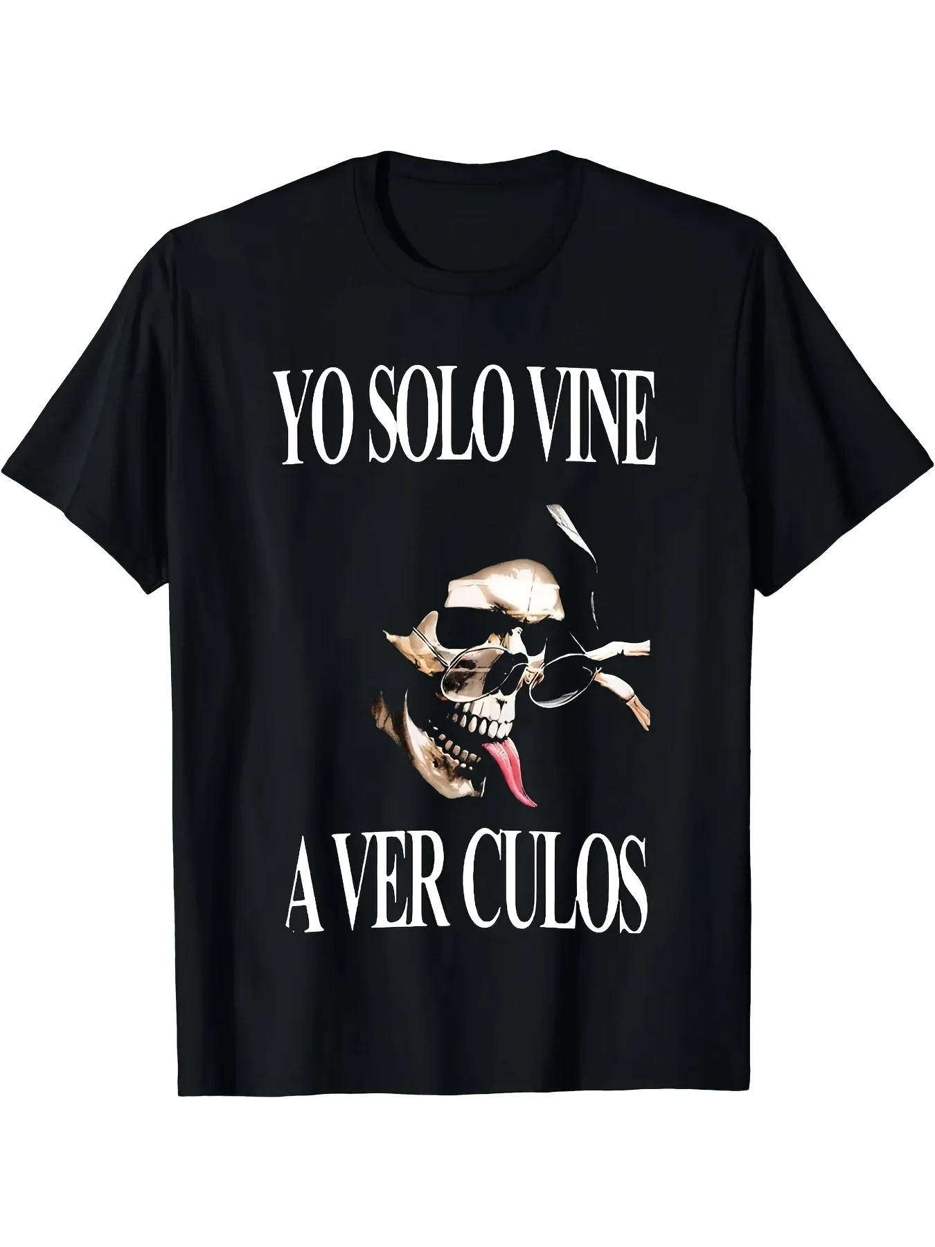 S Funny Spanish  TShirt Yo Solo Vine A Ver Cul Es Skull Spanish Text Print Soft Oversized Crew Neck Tee for Parties Festivals Casual Attire Edgy Spanish Humor Gift for SRetro Casual Short-sleeved T-shirt with a Round Neck and Printed Pattern