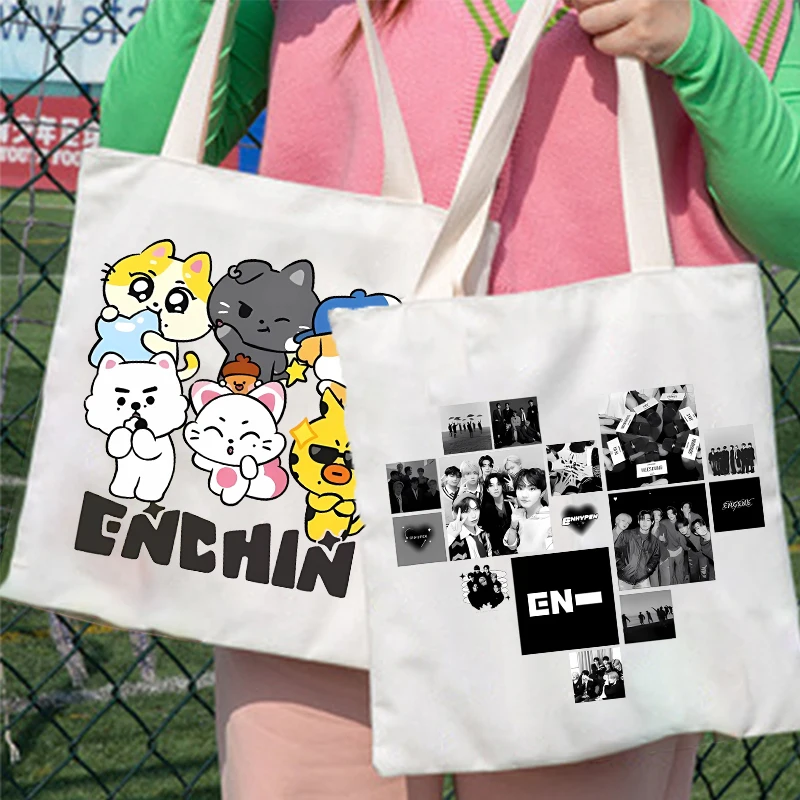 Kpop ENHYPEN Canvas Bag Woman Shoulder Bag Female Tote Girl Large Capacity Handbag Cartoon Portable Shopping Bags Fans Gift New