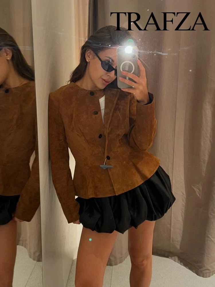 

TRAFZA Women Autumn Fashion Retro Versatile Brown Suede Slim Jacket Female High Street Casual Round Neck Single Breasted Jacket