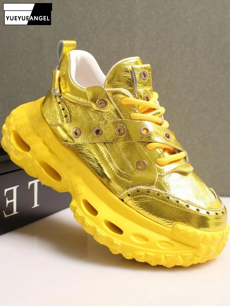 

Golden Silver Mens Outside Casual Joggers Sneakers Thick Platform Lace Up Cowhide Genuine Leather Shoes Low Cut Trainers Shoes