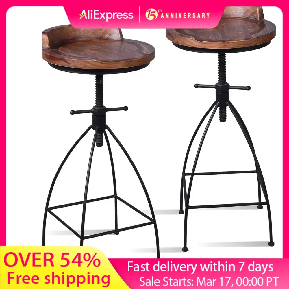 Tabouret de bar en bois, comptoir de cuisine, réglable, tabouret à percussion, 24 pouces, dossier bas, surface de bosse, recommandé, lot de 2