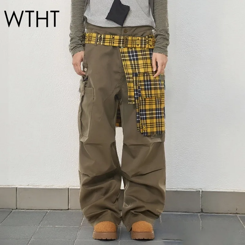 

WTHT New Fashion Women's Patchwork Plaid Casual Straight Pants 2025 Summer Trendy High Waist Trousers Female 1LS2152