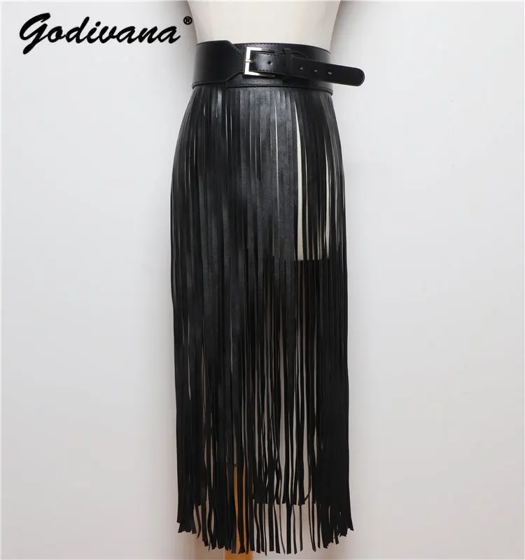 Street Shot Model Style Belt European American Fashion Extra Long Tassel Waistband Women's Waist Seal Leather Cummerbunds Skirt