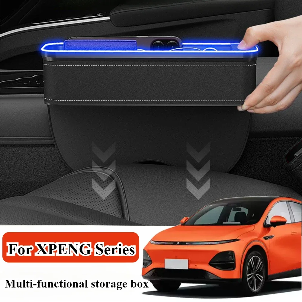 

For XPENG G6 G9 P7 P7+ MONA M03 Car Seat Crevice Storage Box Multi-functional Organizer box With USB Charging Port LED Light