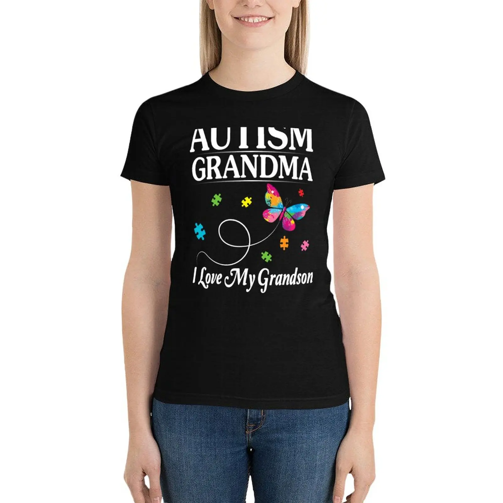 Butterfly Autism Grandma I Love My Grandson Awareness T-Shirt summer top Blouse shirts graphic tees summer clothes Women's tops