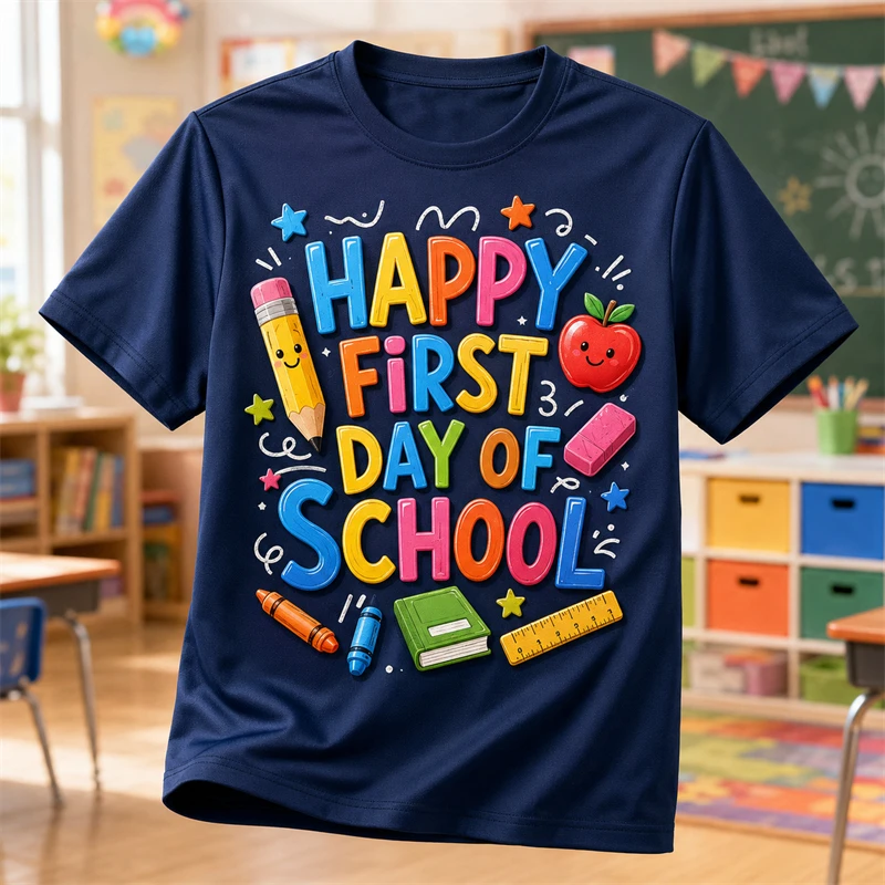 Happy First Day Of School Cartoon T Shirt Men Pencil Book 3d Print Short Sleeve O Neck Kids Back To School Casual Tees Unisex