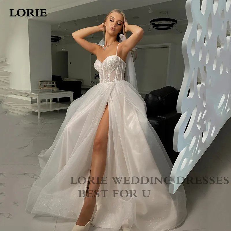 

LORIE Fairy Princess Wedding Dresses Organza Lace Spaghetti Straps Sweetheart Neck Boho Bride Dresses Side Split Wedding Gown