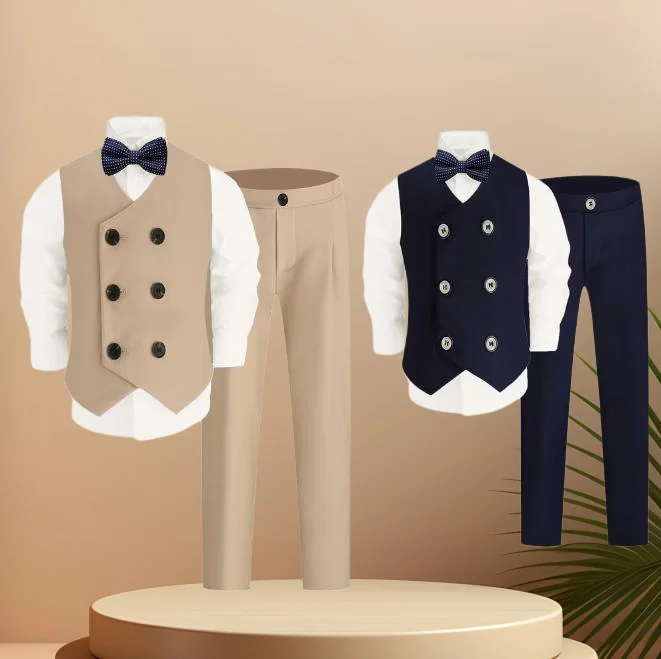 

Летний костюм для мальчиков 80-150 см, темно-синий, 4 предмета: жилет, рубашка, брюки, галстук-бабочка. Нарядный комплект для фотосессий, свадеб и детских церемоний.